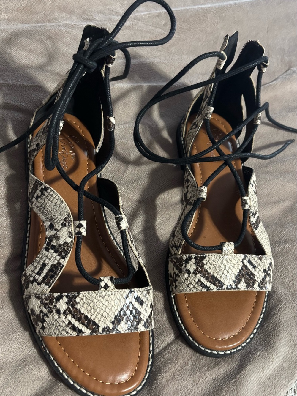 Snake-Print Lace-Up Women’s Sandals - Black/Beige